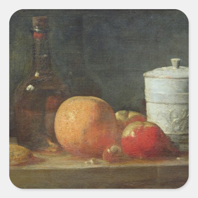 Sticker Carré Vie morte avec Fruit et Bouteille de vin (Devant)