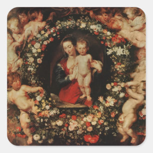 Sticker Carré Vierge avec une guirlande des fleurs, c.1618-20