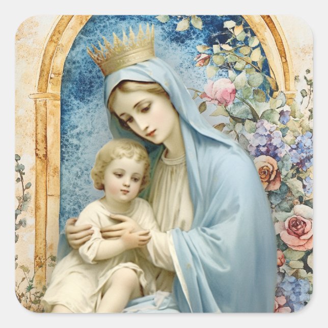 Sticker Carré Vierge catholique Marie Bébé Jésus Floral (Devant)
