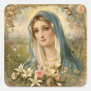 Sticker Carré Vierge Marie Fleurie vintage catholique