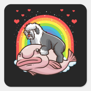 Sticker Carré Vieux anglais Sheepdog Bobtail Chien avec Blobfish