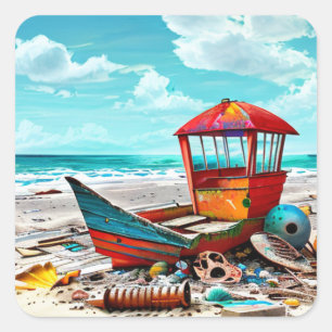 Sticker Carré Vieux bateau déserté sur une plage de sable abando