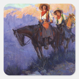 Sticker Carré Vieux Cowboys, Homme et Femme sur des Chevaux, And