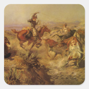 Sticker Carré Vieux Cowboys, Jetés à bas par CM Russell