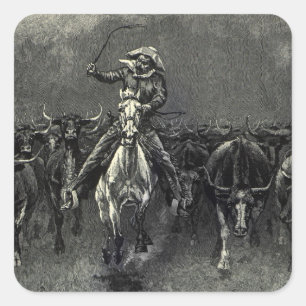Sticker Carré Vieux Cowboys, Un Stampede par Frederic Remington