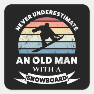 Sticker Carré Vieux homme avec snowboard drôle cadeau papa