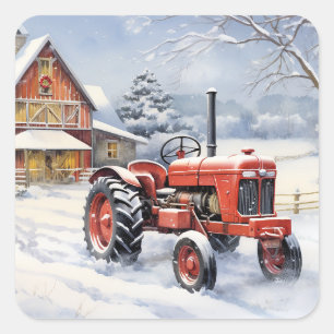 Sticker Carré Vieux tracteur et grange Snown Ferme d'hiver Noël