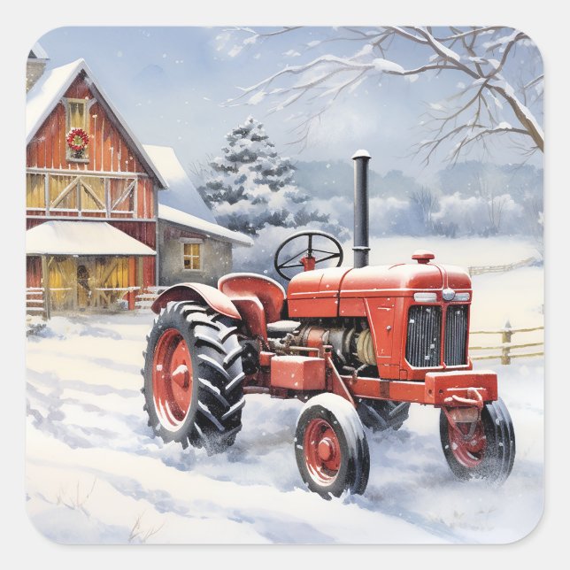 Sticker Carré Vieux tracteur et grange Snown Ferme d'hiver Noël (Devant)