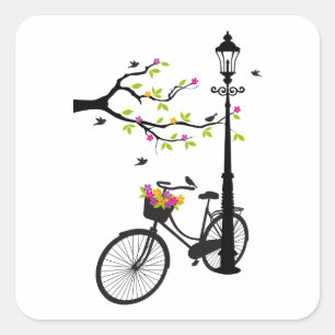 Sticker Carré Vieux vélo avec lampe, panier de fleurs, oiseaux, 