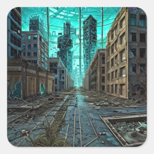 Sticker Carré Ville abandonnée Dystopian AI Généré d'oeuvres d'a