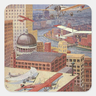 Sticker Carré Ville de science-fiction vintage, Victorian Steam 