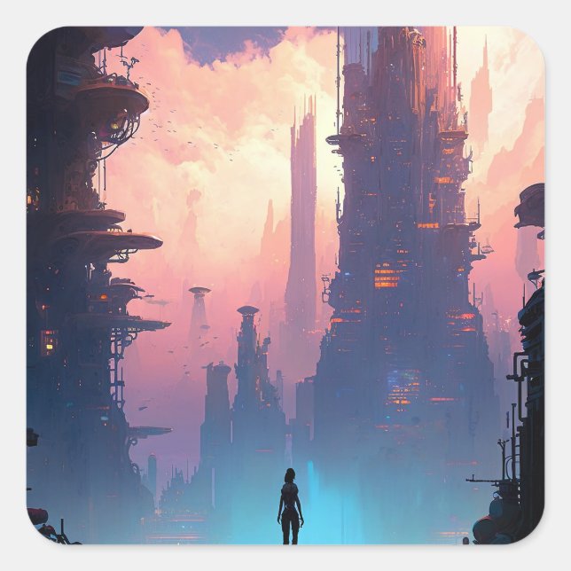 Sticker Carré Ville futuriste de science-fiction (Devant)