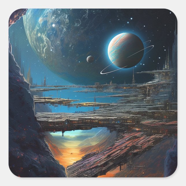 Sticker Carré Ville spatiale futuriste de science-fiction (Devant)