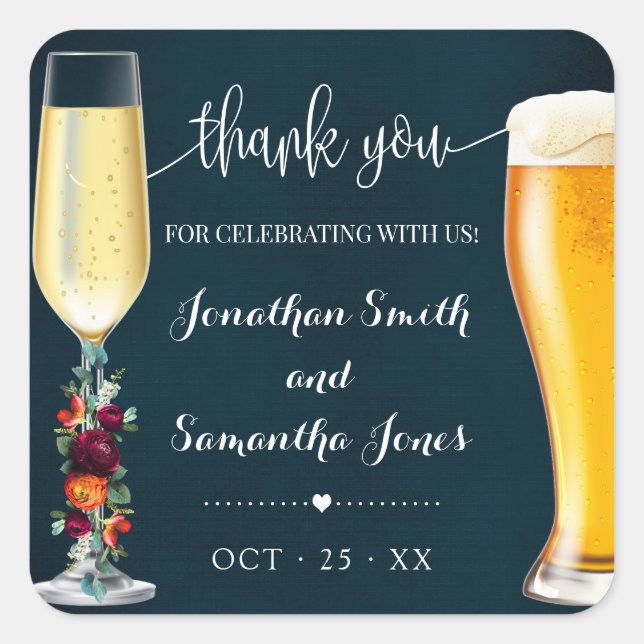 Sticker Carré Vin Marine Bubbles & Brews Merci Wedding shower (Devant)