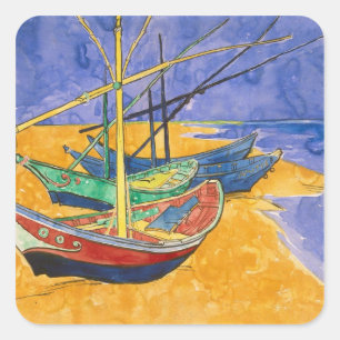 Sticker Carré Vincent van Gogh   Bateaux de pêche sur la plage