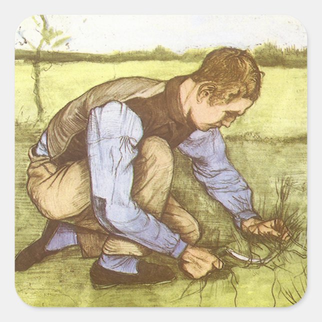 Sticker Carré Vincent van Gogh - Garçon coupant l'herbe avec la  (Devant)