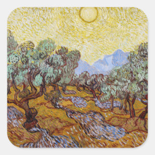 Sticker Carré Vincent van Gogh - Oliviers, Ciel Jaune et Soleil