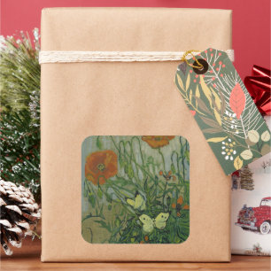 Sticker Carré Vincent van Gogh - Papillons et Coquelicots