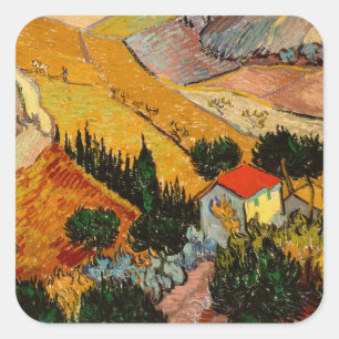 Sticker Carré Vincent van Gogh - Paysage, Maison et Plowman