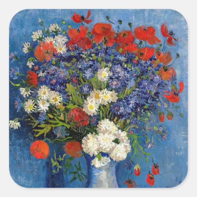 Sticker Carré Vincent van Gogh - Vase avec Cornflowers & Poppies (Devant)