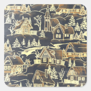 Sticker Carré Vintage Antique Joyeux Village de Noël