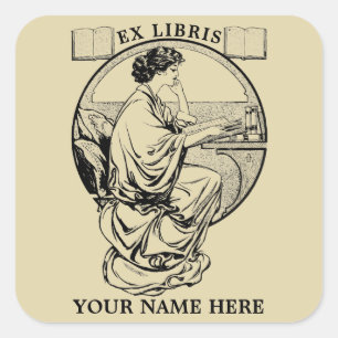 Sticker Carré Vintage Art Nouveau Femme Livres Ex Libris Modèle