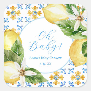 Sticker Carré Vintage Baby shower citron Favoriser