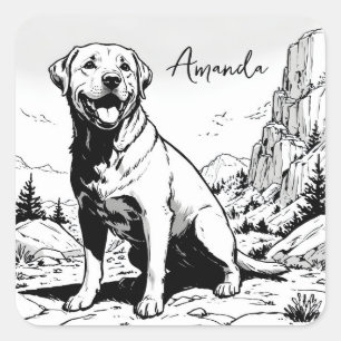 Sticker Carré Vintage Black & White Joyeux Labrador dans la natu