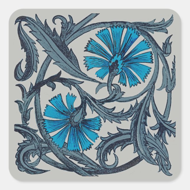 Sticker Carré vintage bleu antique fleurs artisanat rustique (Devant)