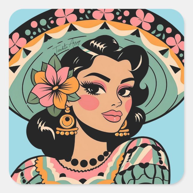 Sticker Carré Vintage Bonita Fiesta Mujer Mariachi (Devant)