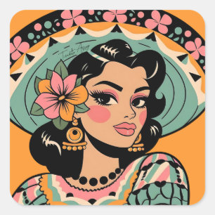 Sticker Carré Vintage Bonita Fiesta Mujer Mariachi