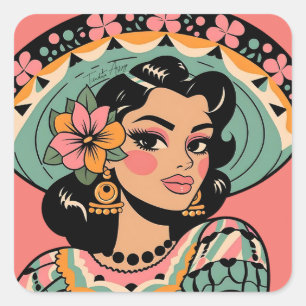 Sticker Carré Vintage Bonita Fiesta Mujer Mariachi