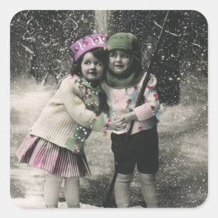 Sticker Carré Vintage Christmas, Best Friends on Skis
