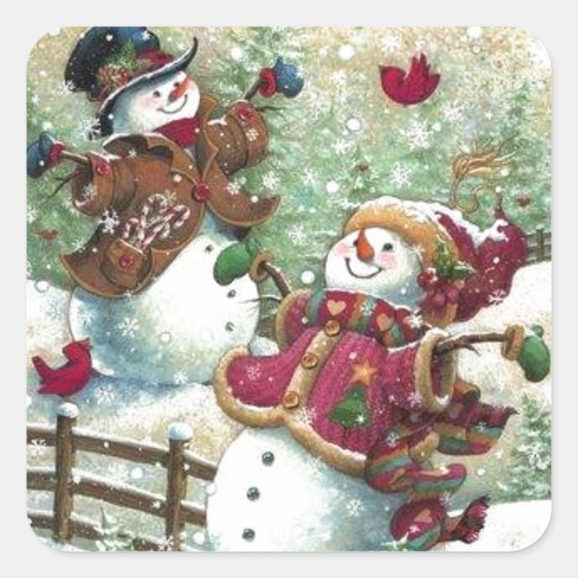 Sticker Carré Vintage Christmas Snowmen (Devant)