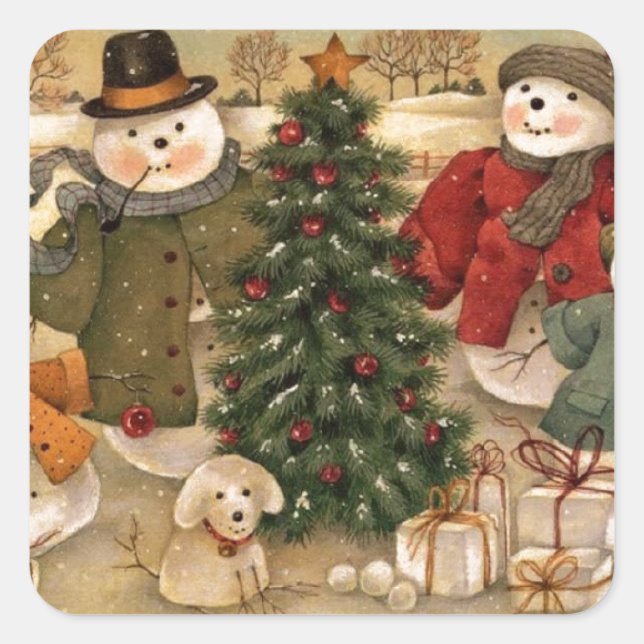 Sticker Carré Vintage Christmas Snowmen (Devant)
