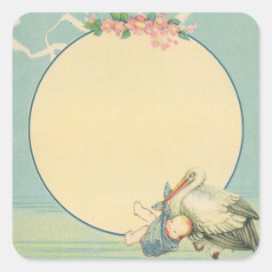 Sticker Carré Vintage cigogne portant bébé garçon dans une couve