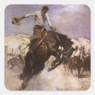 Sticker Carré Vintage Cow-boy de Rodéo, Cavalier Décontracté par