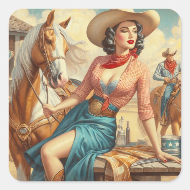 Sticker Carré Vintage Cowgirl (Devant)