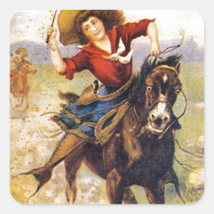 Sticker Carré Vintage Cowgirl Occidentale À Cheval