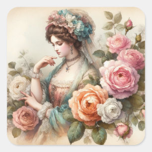 Sticker Carré Vintage dame victorienne et aquarelle Rose