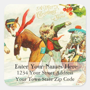 Sticker Carré Vintage Dogs Sliding on Ice Return Address Label