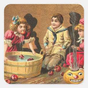 Sticker Carré Vintage Drôle Enfants Bobbing pour Pommes à la fêt