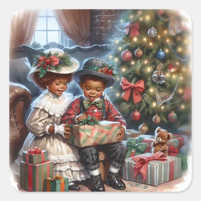 Sticker Carré Vintage Enfants Ouverture des présentations de Noë (Devant)