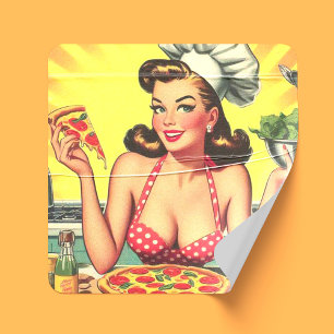 Sticker Carré Vintage fille à la pizza