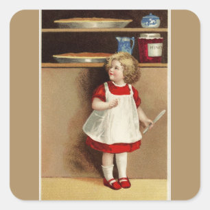Sticker Carré Vintage fille en robe rouge et tartes