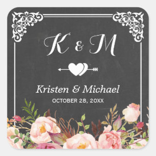Sticker Carré Vintage Frame Chalkboard Floral Wedding Favoriser