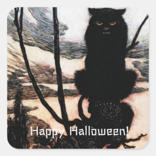 Sticker Carré Vintage Halloween Éffrayant Chat Arthur Rackham