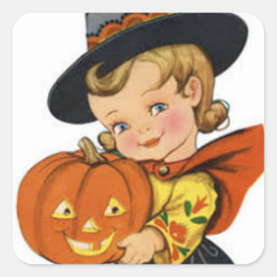 Sticker Carré Vintage Halloween fille tenant Citrouille