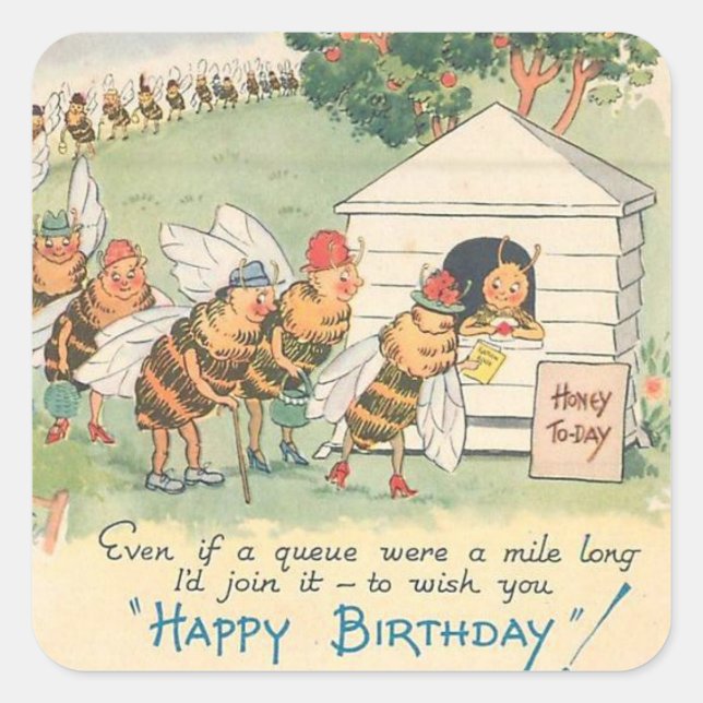 Sticker Carré Vintage Joyeux Anniversaire D'Abeille (Devant)