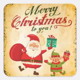 Sticker Carré Vintage Joyeux Noël Daning Père Noël et Elf